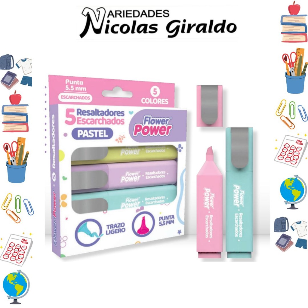 Resaltador flower power escarchado pastel x5 