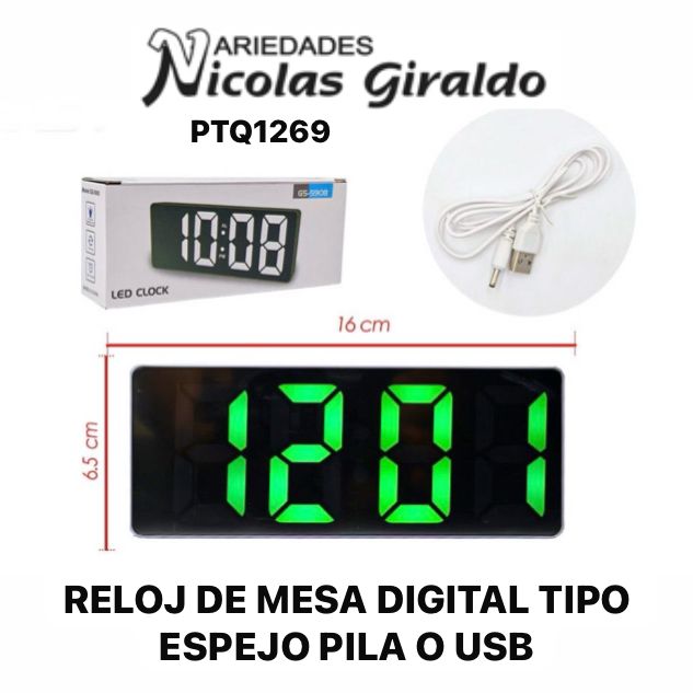 Reloj de mesa digital tipo espejo pila o usb