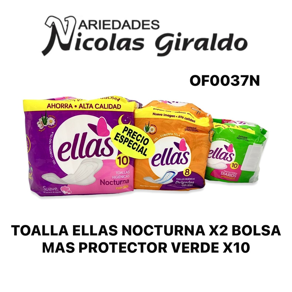 Toalla ellas nocturna x2 bolsa mas protector verde x10