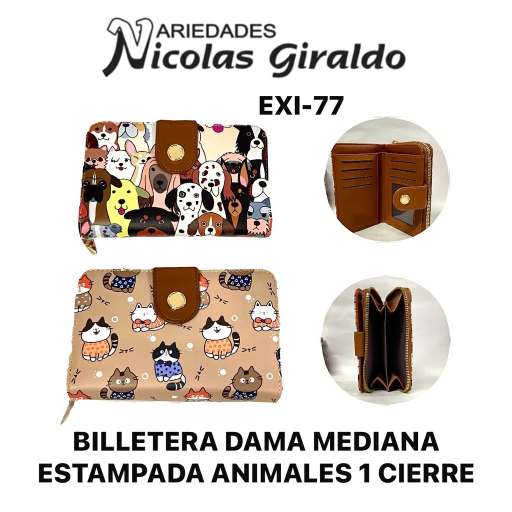 Billetera dama mediana estampada animales 1 cierre y broche 