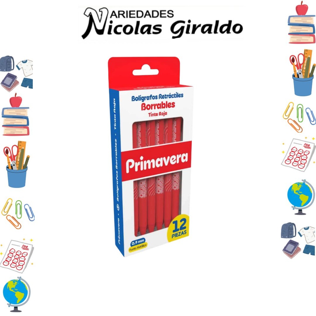 Lapicero primavera retractil borrable x12 rojo