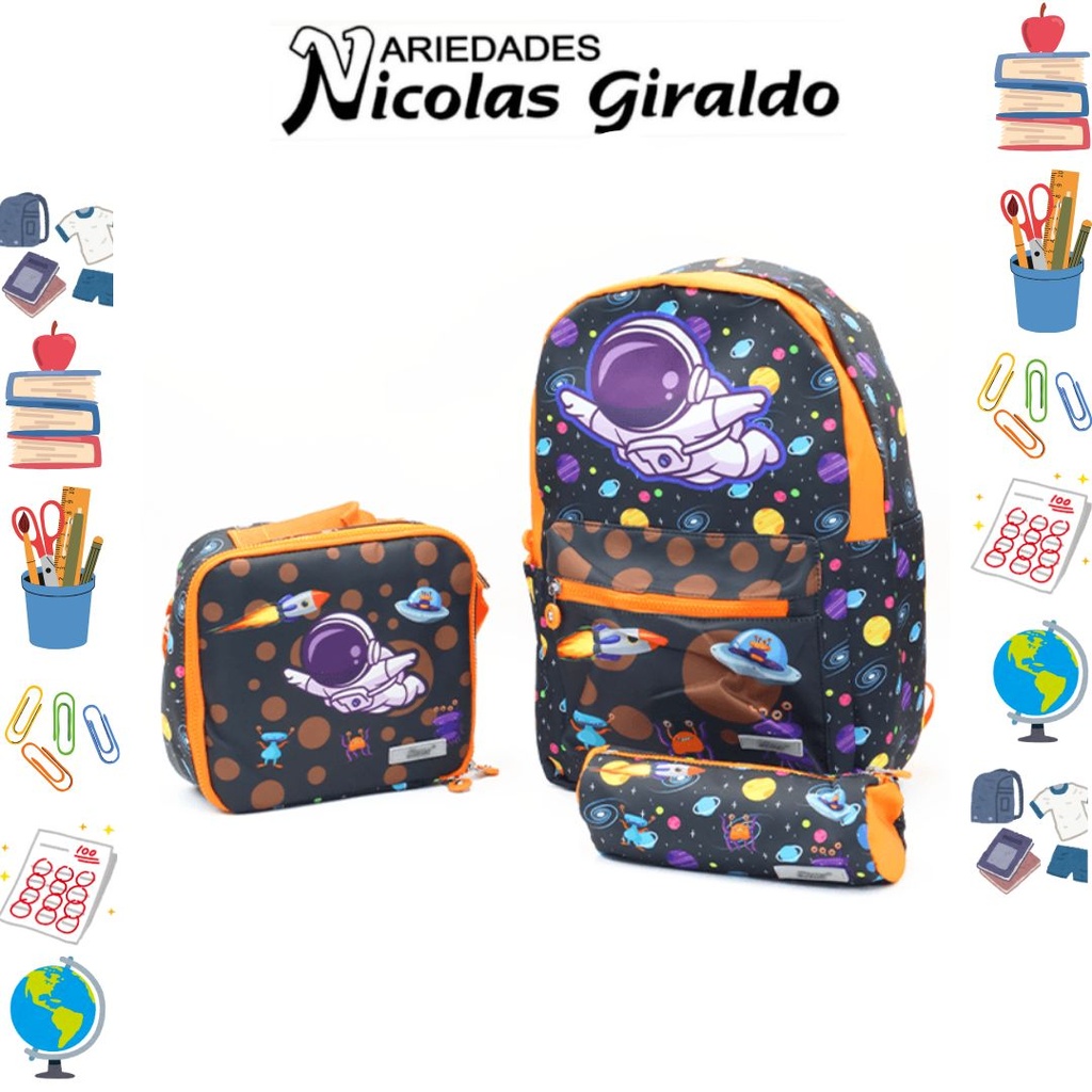 Set bolso lonchera y cartuchera estampado negro de astronauta  