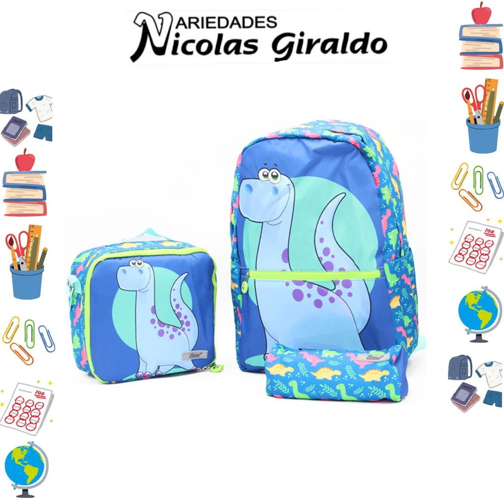 Set bolso lonchera y cartuchera estampado de dinosaurio 
