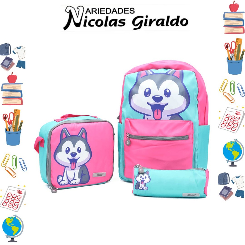 Set bolso lonchera y cartuchera estampado fucsia de lobo   