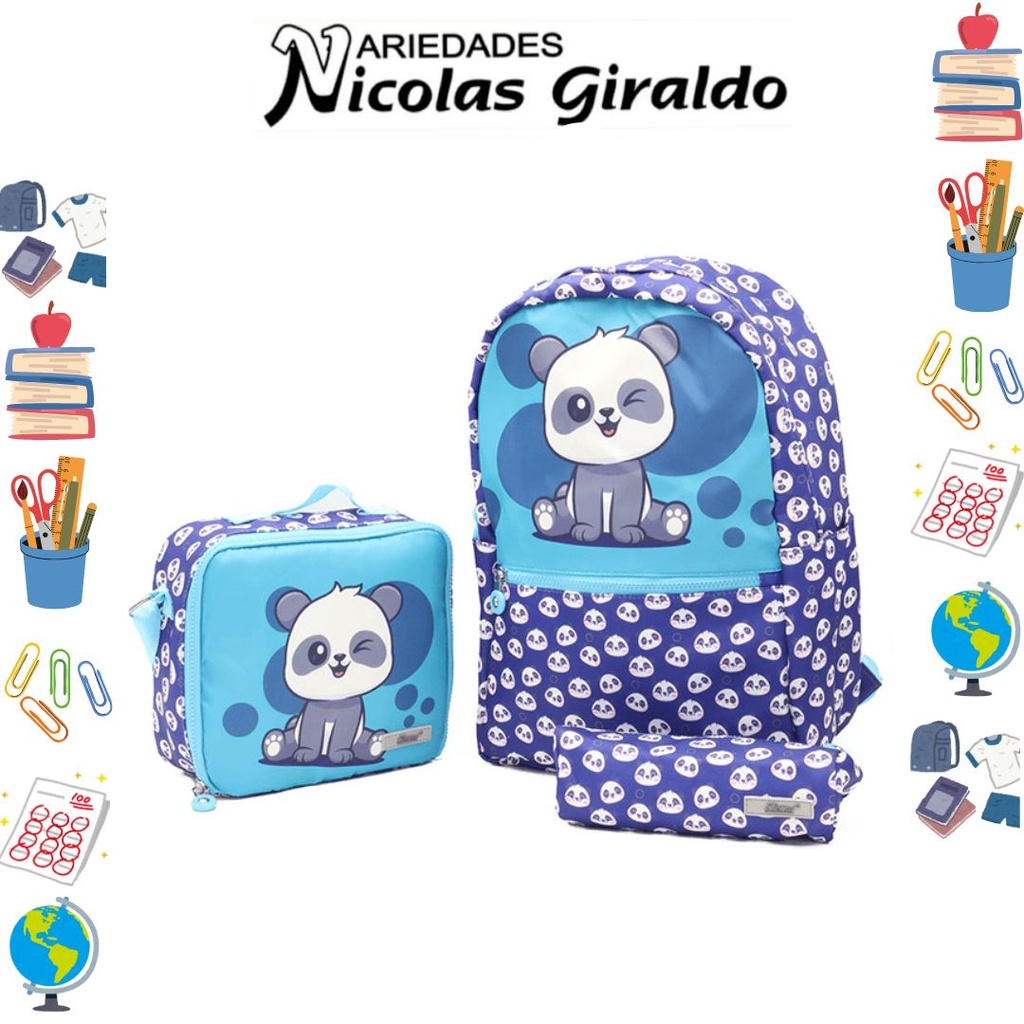 Set bolso lonchera y cartuchera estampado de oso panda  