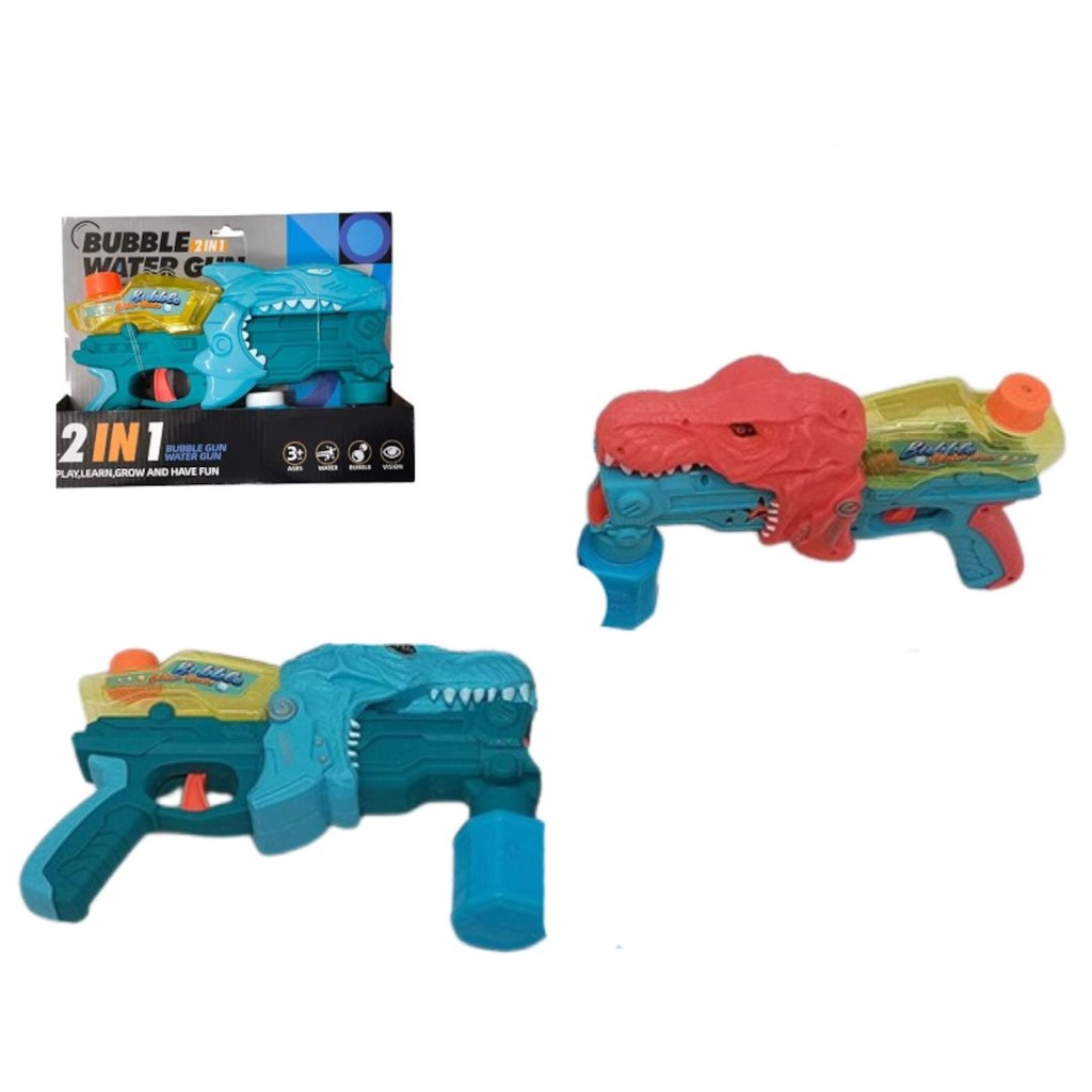 Lanza agua dinosaurio y burbujero fino en caja 