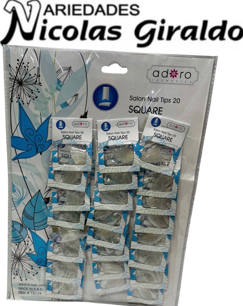 Uñas adoro SQUARE transparente x24 Carton azul 
