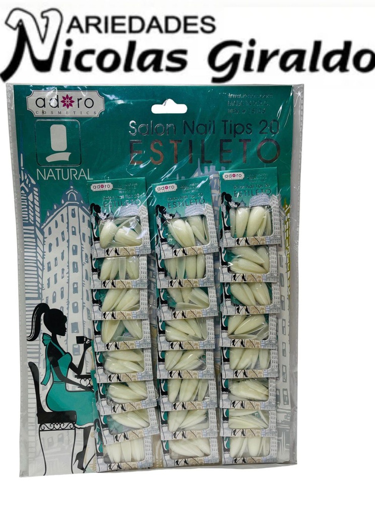Uñas adoro ESTILETO blanca x24 Carton aguamarina