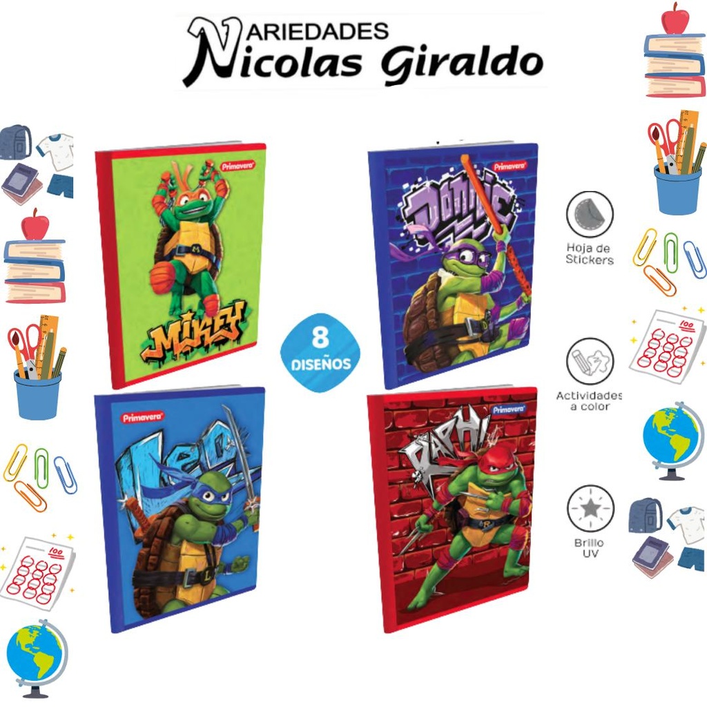 Cuaderno cosido prim. 100 H cuadro tortugas ninja
