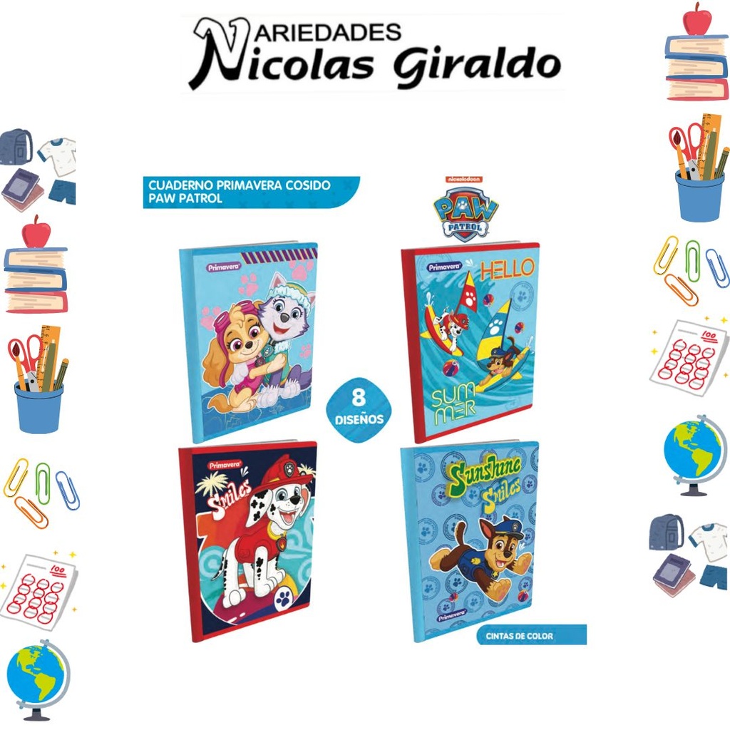 Cuaderno cosido primavera 100H rayas paw patrol niño