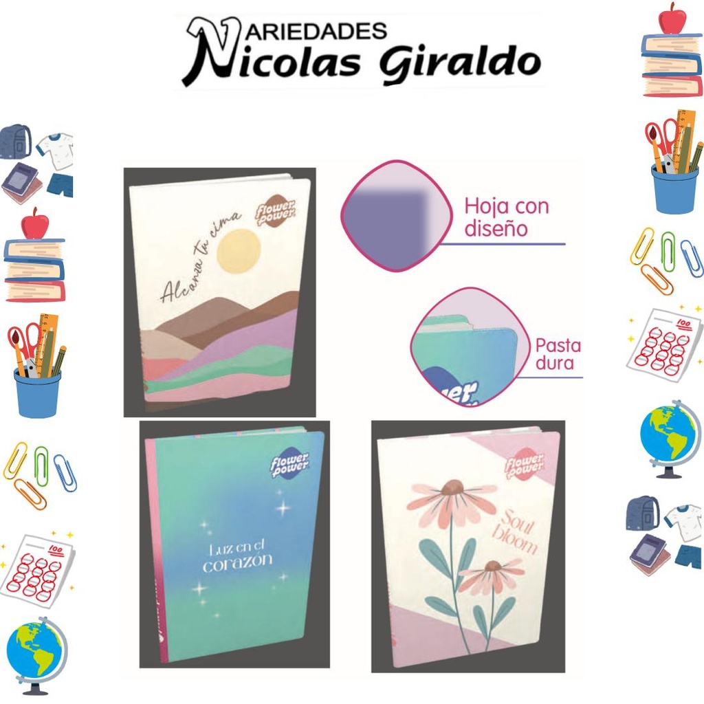 Cuaderno cosido primavera pasta dura 100H cuadro flower power