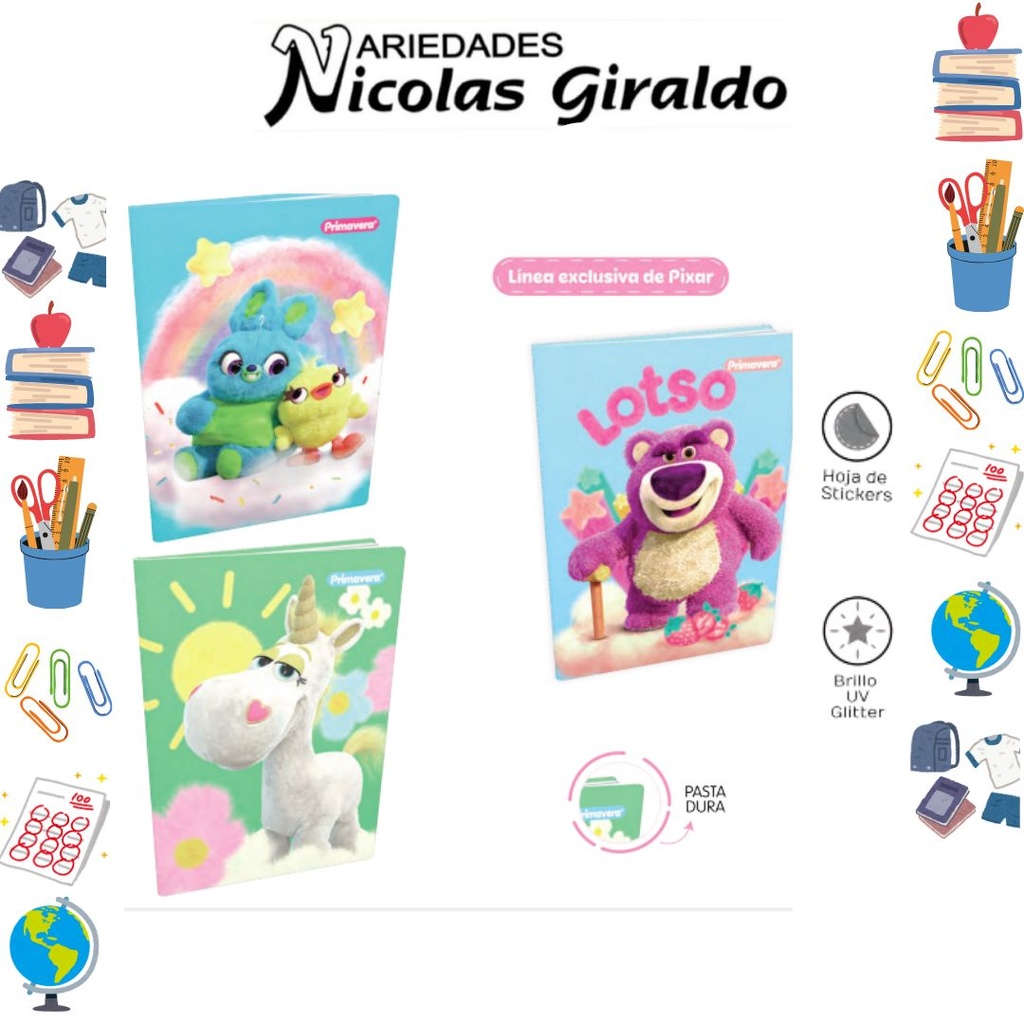 Cuaderno cosido primavera pasta dura 100H cuadro pixar
