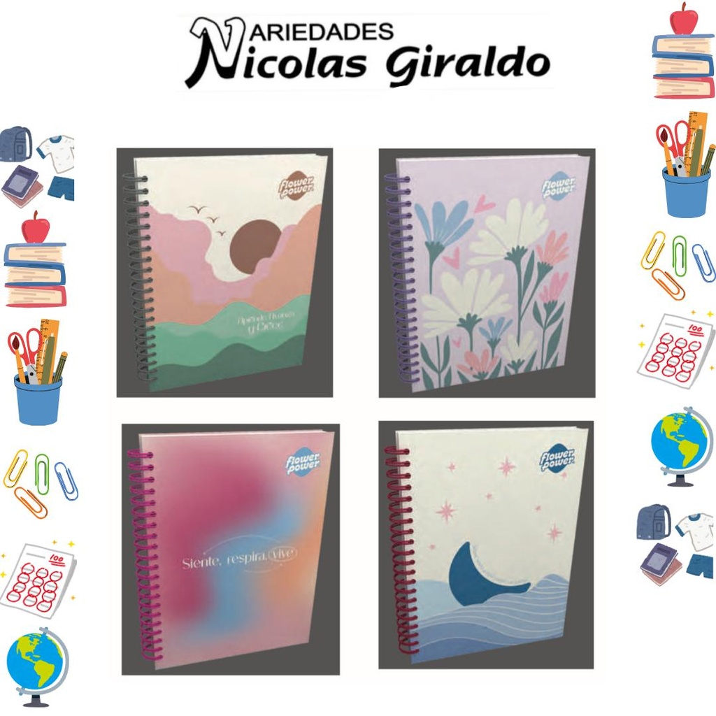 Cuaderno primavera 5 materias argollado grande flower power