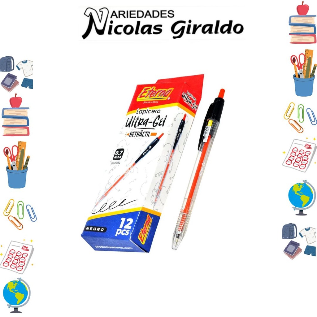 Lapicero eterna retractil 0.7 ultra gel negro x12