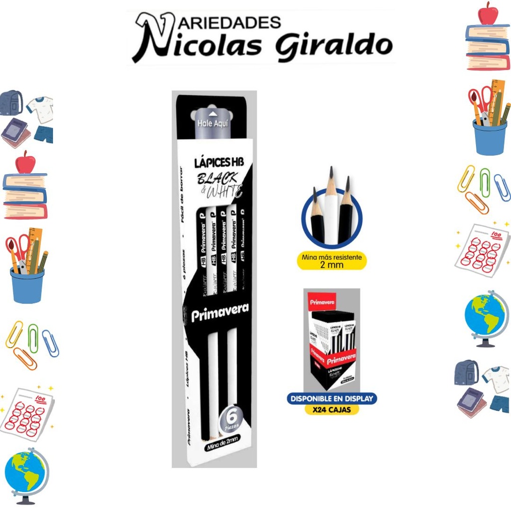 Lapiz primavera black & withe x6
