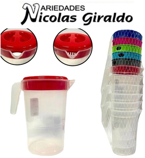 [H073] Jarra 2.5 litros fina en malla x6 mas vasos beed 