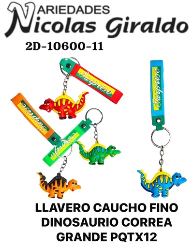 [2D-10600-11] Llavero caucho fino dinosaurio correa ancha pqt X12