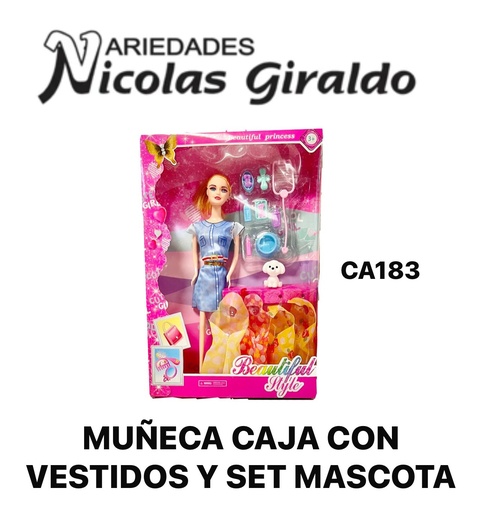 [CA183] Muñeca caja con vestidos y set mascota