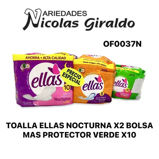 [OF0037N] Toalla ellas nocturna x2 bolsa mas protector verde x10