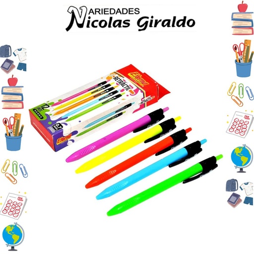 [ET657] Lapicero arcoiris retractil neon caja x12 tinta negra