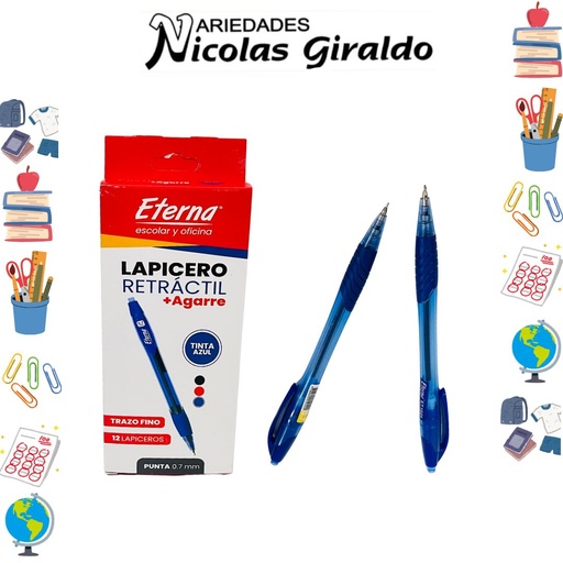 [ET1025] Lapicero eterna retractil 0.7 mas agarre azul x12  