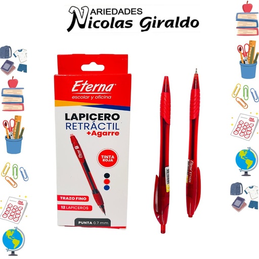 [ET1026] Lapicero eterna retractil 0.7 mas agarre rojo x12   
