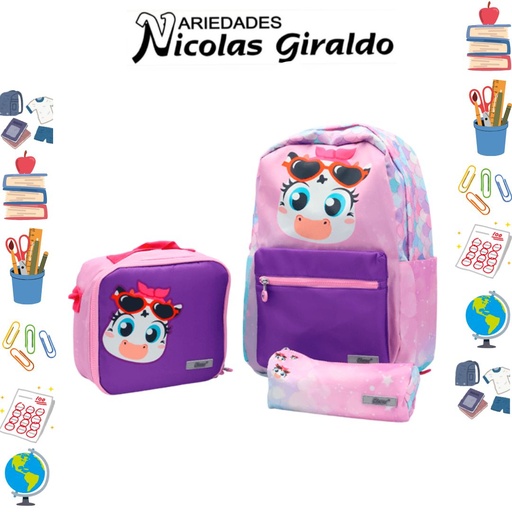 [ET1147] Set bolso lonchera y cartuchera estampado morado de vaca 