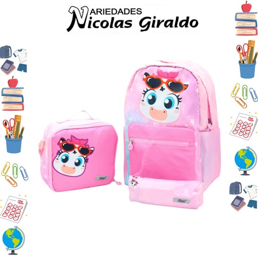 [ET1146] Set bolso lonchera y cartuchera estampado rosado de vaca 