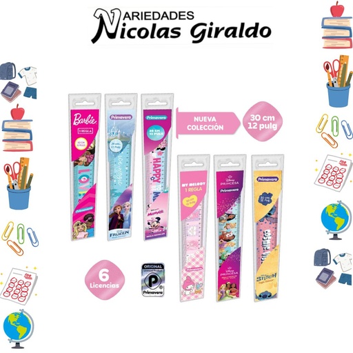 [P742] Regla primavera personajes Niña 30cm PQT X12