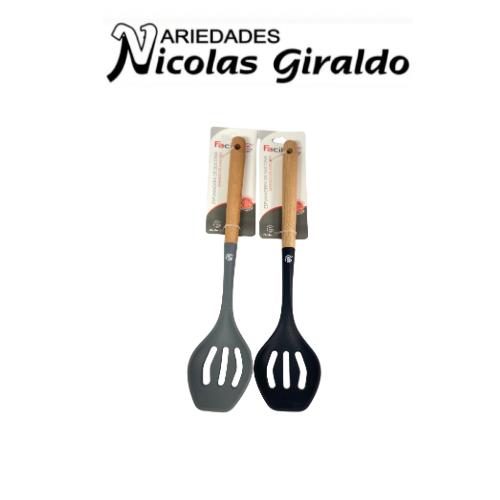 [ML-2509] cucharon espumadera silicona mango madera 