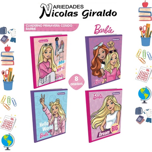 [P1979] Cuaderno cosido primavera 100H cuadros Barbie