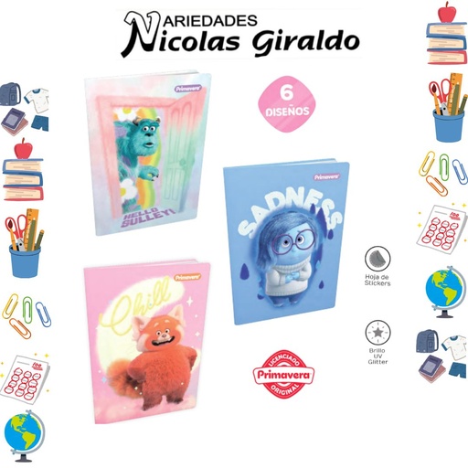 [P3888] Cuaderno cosido primavera pasta dura 100H raya pixar