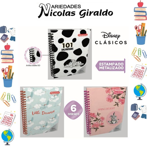 [P3854] Cuad primavera 5 materias argollado pequeño clasicos disney