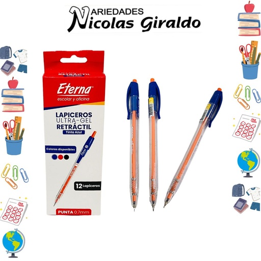 [ET681] Lapicero eterna retractil 0.7 ultra gel azul x12