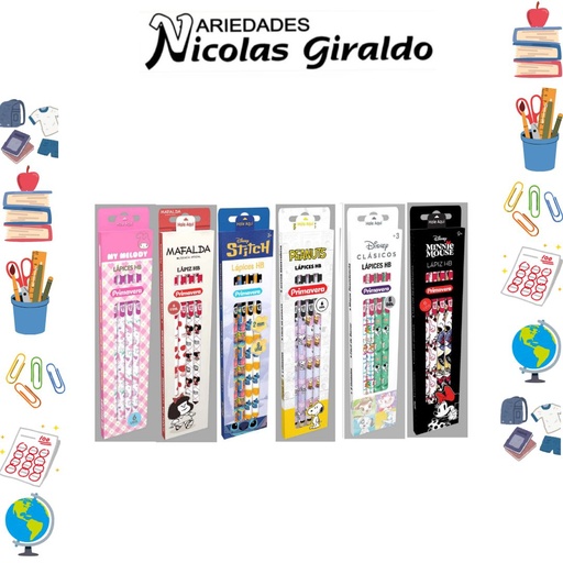 [P336] Lapiz primavera Mickey-minnie-mafalda-snoppy x6